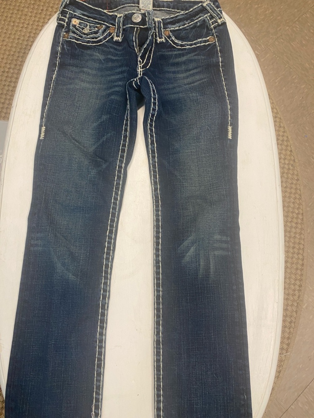 True Religion Dark Wash Contrast Stitch Straight Jeans